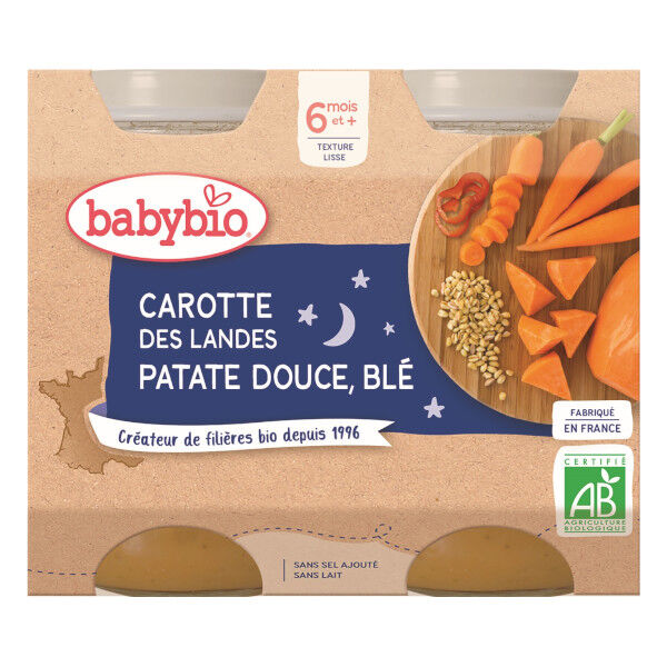 Babybio Repas Soir Pot Carotte Patate Douce Blé +6m Bio 2 x 200g