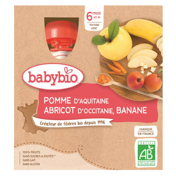 Babybio Fruits Gourde Pomme Abricot Banane +6m Bio 4 x 90g