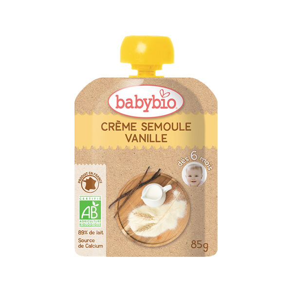 Babybio Desserts Lactés Gourde Crème Semoule Vanille +6m Bio 85g