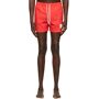 Thom Browne Red Nylon Drawcord Swim Shorts  - 600 RED - Size: Extra Small - Gender: male Nylon swim shorts in red. Mid-rise. Two-pocket styling. Drawstring in signature tricolor at elasticized waistband. Signature tricolor trim at outseams. Logo patch in white at front leg. Signature tricolor grosgrain flag at back waist. Vented cuffs. Fully lined. Silver-tone hardware. Supplier color: Red 