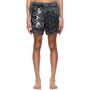 AMIRI Black Bandana Swim Shorts  - BLACK - Size: Small - Gender: male Stretch taffeta swim shorts in black featuring mismatched graphic patterns in white. Low-rise. Three-pocket styling. Drawstring at waistband. Tonal leather logo patch at back waistband. Metal eyelet vent at back pocket. Partial mesh lining. Silver-tone hardware. Supplier color: Black 