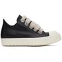 Rick Owens Black Jumbo Lace Low Sneakers  - 9111 BLACK/MILK/MILK - Size: 45.5 - Gender: male Low-top grained calfskin sneakers in black. · Round calfskin cap toe in off-white · Lace-up closure in taupe · Eyelet vents at inner side · Grained calfskin lining · Padded footbed · Treaded rubber sole in off-white Supplier color: Black/Milk/Milk 