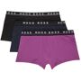 Boss Three-Pack Multicolor Trunk Boxers  - 970 - OPEN MISCELLAN - Size: Large - Gender: male Assorted pack of three stretch cotton jersey boxers in navy, purple, and black. Mid-rise. Logo-woven elasticized waistband in black and white. Supplier color: Multicolor 