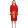 Versace Underwear Red Medusa Amplified Robe  - Z7012 Rosso-Oro - Size: Large - Gender: female Long sleeve terrycloth robe in red featuring signature Medusa pattern jacquard raised throughout. Trim featuring signature Medusa pattern in gold-tone at self-tie belt, pockets, and cuffs. Supplier color: Red 