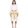 Versace Underwear White Barocco Bath Robe  - Z7010 Bianco-Oro - Size: 3X-Large - Gender: female Long sleeve terrycloth robe in white featuring tonal jacquard logo raised throughout. Signature Medusa pattern in gold-tone at self-tie belt, pockets, and cuffs. Supplier color: White 