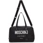 Moschino Black Canvas Couture! Boston Duffle Bag  - A2555 BLACK - Size: UNI - Gender: male Cordura® canvas duffle bag in black. Twin carry handles at top. Detachable and adjustable webbing shoulder strap in black with tonal jacquard knit logo pattern and lobster clasp fastening. Detachable leather lanyard at handle base. Logo printed in white at face. D-ring hardwares and zippered pocket at back face. Bumper studs at base. Two-way zip closure at throat. Logo embossed leather patch pocket and zippered pocket at interior. Tonal twill lining. Logo engraved silver-tone hardware. Approx. 18.5 length x 12 height x 7 width. Supplier color: Black 