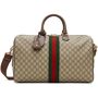 Gucci Beige Medium Ophidia Duffle Bag  - 8746 B.E/N.ACERO/VRV - Size: UNI - Gender: male Coated canvas duffle bag in beige featuring logo pattern in brown throughout. Grained leather trim in brown throughout. Twin carry handles at top. Adjustable and detachable shoulder strap with lobster clasp fastening. Logo hardware at face. Signature webbing trim striped in green and red at front and back faces. Zip closure. Two patch pockets, zippered pocket, and tonal logo-embossed leather tab at interior. Textile lining in off-white. Tonal leather name tag and key holder. Antiqued gold-tone hardware. Approx. 17.5 length x 10.5 height x 9.5 width. Supplier color: Beige 