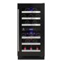 14.8 in. 28-Bottle Wine Cooler, Black The 28-Bottle Dual-Zone Wine Cooler conveys an allure of style and elegance. This premium wine cooler will allow you to store your collection in two different temperature zones divided by the digital control panel in the middle. The easy to use digital controller with a blue LED readout has an adjustable 24° temperature range (40°F - 64°F) that allows users to select a proper, customized storage climate and serving temperature for both light and dark wine. It features 6 easy to slide out black wire racks that come with modern stainless steel lips that give easy access to every bottle in your collection. Larger bottles can be stored on the designated bottom rack with the specially designed racking. You can toggle on and off a blue LED light that can be found on the inside of the cooler and can be viewed through the all glass door. The cooling system uses compressor technology and utilizes automatic defrosting. This cooler is designed to be a worthy home for all of your finest bottles of wine. This wine refrigerator is rated for both residential and commercial use and comes in two different colors: Stainless Steel and Black. 