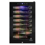 VINOTEMP 19.75 in. 42-Bottle Wine Cooler, Black This compact, sleek wine cooler is a perfect fit for any part of your home that requires a touch of wine. Store up to 42 wine bottles on 6 durable metal wire shelves and in a bulk storage area, located at the bottom of the unit. It features dual-paned tinted glass door with recessed handle and a touch screen temperature control panel on the outside for easy accessibility. Soft blue led lighting illuminates your small collection, creating a dramatic display. This unit is designed for freestanding installation only. Color: Black. 