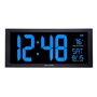 AcuRite 18 in. Digital Clock with Date, Indoor Temperature, and Blue LED Display, Black The AcuRite 18-Inch Digital Clock with Blue LED Display makes for the perfect digital wall clock in any room. Whether used as a kitchen clock, a bedroom clock, or a wall clock for your living room decor, you'll be easily able to see the time from anywhere in the room and at any angle. Also perfect as a school classroom clock, farmhouse wall clock, or warehouse clock, the extra-large LED clock screen features bold, 5.5-inch tall, easy-to-read numbers. This digital clock also displays the day of the week, date, and current indoor temperature. This large digital wall clock is powered by a 9-foot power adapter and features an integrated cable management area to keep the excess power cord kept and tidy. Integrated keyholes enable effortless wall-mounting, or you can use the built-in fold-out stand for desk and table clock use. This LED clock is available in three other color options (white, green, and red) and also in a smaller, 14.5-inch size, which is This clock comes with a one-year limited warranty. Color: Black. 