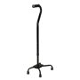 Medline Aluminum Small Base Quad Cane in Black This aluminum small base quad canes allow greater weight bearing and stability than the single point canes. Quad canes stand up on their own and the offset foam handle distributes weight directly over the center of the base. Non-skid rubber tips on all 4 ft. ensure long life of the product. All quad canes stand up on their own and won't fall over. 
