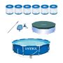 Intex 10 ft. Pool with Cleaning Kit, Pool Cover and Pool Filters (6-Pack), Blue Give your Intex swimming pool its best performance by using this genuine Intex Type H Filter Cartridge Replacement Part. This Type H cartridge is designed to be used with Intex brand model number pumps 28601 and 28602. The Type H swimming pool filter measures 3.6 in. x 4 in. and weighs only 0.2 lb. Comes with pool, maintenance kit, pool cover and 6 filters Intex Type H Easy Set Filter Cartridge Replacement Parts are made of Dacron filter material and are super easy to clean and replace. Attach the vacuum to the 94 in. telescoping pole. Simply connect your garden hose and suck debris into the reusable debris bag. Then attach the surface skimmer to the pole and collect leaves and other floating particles. This is designed for 16 ft. and smaller above ground swimming pools with lower side walls. The tool kit includes 94 in. telescoping aluminum shaft for interchangeable skim net head and vacuum heads to get pool clean in a flash. This 2-in-1 pool cleaner takes up less space than a skimmer pole and a pool vacuum, freeing up space wherever you store your pool cleaners. At a full 10 ft. W and 30 in. H, the Intex Metal Frame Pool Set is ready for a big splash to help you enjoy the outdoors this season. Easy to assemble and maintain, this Metal Frame Plus, this set includes the Intex 330 GPH filter pump and a Type H filter cartridge to help keep your pool water safe and clean all season long. Color: Blue. 