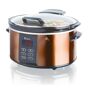 Euro Cuisine 6 Qt. Copper Electric Digital Slow Cooker, Brown Enjoy hot slow cooked meals anytime. Our Electric Slow Cooker features up to a 6-quart capacity perfect for serving large family meals, appetizers for the game and more with fix and forget convenience. Just place your ingredients into the pot, close the lid, set the timer and select High, Low or Keep Warm from the pre-programmed heat settings. The slow cooker will automatically turn the heat setting to Keep Warm to avoid overcooking when complete. Ready to serve? Simply open the lid and enjoy. Our unique standing lid makes it easy to open and close the top with minimal mess, saving space and keeping your food hot longer. Perfect for homemade soups, pot roast, chicken wings, stews, chili, pulled pork and hundreds of other delicious recipes. When it is time to clean up, just remove the porcelain pot and lid from the base for easy washing by hand or in the dishwasher. Its a perfect addition to any kitchen. Color: Copper. 