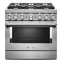 KitchenAid 36 in. 5.1 cu. ft. Smart Dual Fuel Range with True Convection and Self- Cleaning in Stainless Steel, Silver Expand your skills with a 36 in. KitchenAid Commercial Style Range with 6 burners. This dual fuel range combines a gas cooktop with the even baking of an electric oven. Two 20,000 BTU Ultra Power Dual-Flame Burners offer the power and precision to successfully sear, simmer, stir-fry and saut. Even-Heat True Convection helps you achieve more consistent baking and roasting. Color: Stainless Steel. 