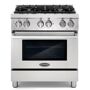 Cosmo Commercial-Style 30 in. 3.9 cu. ft. Dual Fuel Range with 4 Italian Burners Cast Iron Grates and 5 Function Electric Oven, Silver Bringing professional style and performance to your home kitchen, Cosmo's COS-DFR304 30 in. 3.9 cu. ft. single oven dual fuel range kitchen stove is a durable workhorse. 4 Italian made sealed gas burners allow you to cook a variety of different food and sauces: 18,000 BTU, 13,000 BTU, 8,500 BTU and 4,200 BTU. The electric oven utilizes Turbo True European Convection to ensure you have perfect, evenly cooked meals. Five special oven functions let you select the right cooking mode for everything from juicy roasts to sweet, delicate desserts. Made to last, this dual fuel range is constructed with industrial grade corrosion resistant 304 stainless steel. A removable backsplash makes this 30 in. range suitable for either freestanding or slide-in installation. Will not work with a standard 110/120V outlet. 220/240V power is required for this appliance to function. 