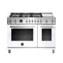 Bertazzoni Professional Series 48  7.1 cu. Ft. Double Oven Dual Fuel Range with 6 Brass Burners, Griddle, and Soft-Close in White This extra-wide counter depth range has a cooktop featuring six gas brass burners, including two dual-ring power burners of up to 19,000 Btu with separately controlled flames, and a stainless-steel electric griddle. The 4.6 cu. ft. main electric oven has nine functions, from convection, baking and roasting to warming on up to 7 levels. The self-clean oven cavity requires no cleaning agents. The useful 2.4 cu. ft. auxiliary oven, with traditional heating, has four cooking modes. An edge-to-edge multi-layer inner glass door maximizes the usable oven space and allows for easy cleaning. This model also features telescopic glide shelves and soft-close door hinges. The elegant digital gauge ensures precise control of the oven temperature during baking, roasting and broiling with bezel integrated controls for the temperature probe. This range includes a gas conversion kit for LP. All Bertazzoni appliances integrate seamlessly into a complete design harmonized suite and create a beautiful kitchen ambiance with many cabinet styles. Our products and packaging are 99% recyclable. Color: Yellow. Color: White. 