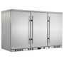 KingsBottle Single Zone 52.6 in. 260 (12 oz.) 3-Door Solid Stainless Steel Beverage Can Cooler, Silver Great for the outdoors, this 3-doored full stainless steel bar fridge looks fantastic. It is big enough to accommodate your space needs and the thirst of your guests or customers.This sleek outdoor refrigerator comes fully equipped with a front venting system in order to allow for easy installation in a wide variety of environments. Ideal for outdoor use, this stainless steel refrigerator is equipped with a solid door to help it run quietly and preserve energy in various environments. 