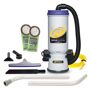 ProTeam Super CoachVac 10 Qt. Commercial Backpack Vacuum Cleaner with Xover Multi-Surface 2-Piece Wand Tool Kit The 10 quart Super CoachVac is a productivity powerhouse designed to tackle the most demanding cleaning challenges. Includes kit 107098: 14  Xover floor tool (107016),two-piece wand kit (101338), 17  crevice tool (100108), 3  dust brush (100110), 5  upholstery tool (100115) plus 2 filters (100331) and a 50' extension cord, reducing the number of times you need to shift from one outlet to another. This powerful and high filtration unit is ideal for vacuuming high square-footage areas that require the utmost cleanliness. Unsurpassed 3 year warranty. Use filter bags open collar #100331 or closed collar #100291. 