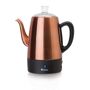 Euro Cuisine 8-Cup Copper Electric Percolator, Brown The Euro Cuisine 8-Cup model of classic stainless steel percolator with Copper Finish and keep warm function brings coffee making to your kitchen. Piping hot water percolates through the grounds, and pulses up into the glass knob on top to create the familiar  perk-perk  sound. Stay-cool bottom with detachable cord lets this percolator go anywhere to serve, and it only needs to be plugged in to keep it hot. 