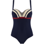 Marlies Dekkers starboard balcony bathing suit   wired padded blue ivory red - 36DD/E This blue balcony bathing suit is designed to turn the beach into a catwalk. Striped details between the cleverly hidden cups and a red bow strap that go all the way around for a flattering effect. The classic red-white-and-blue combination and the sailor anchor detail will make your glamorous getaway all about the nautical flair. Padding gives you extra support. Buttocks and groin are covered partially. Choose this Marlies Dekkers bathing suit and show off your curves! 