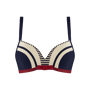 Marlies Dekkers starboard push up bikini top   wired padded blue ivory red - 36C Turn your vacation into the most glamorous getaway with this blue push up bikini top. You can't go wrong with the classic red-white-and-blue color combination. Small padding that gives you an extra deep, and gorgeous cleavage. The playful striped detail between the cleverly hidden cups, and the sweet sailor bows in the center of your décolleté will make this piece your forever favorite. This designer bikini top is delicately constructed for the most comfortable feel when tanning by the pool or a dreamy beach. 