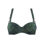 Marlies Dekkers gloria plunge balcony bra   wired padded scarab green plaid - 36D Take the lead like a badass pirate queen in this green plunge balcony bra. The rich green and marine blue fabric in a delicate tartan print creates the perfect classic look. The fabric consists of recycled nylon, making this a sustainable bra. Your back is transformed into a sturdy eye-catcher thanks to the crossed macho suspender straps. Padding gives you extra support and wires partly enclose the breast to create a modest yet sexy cleavage. Choose this green bra with leather detailing for a fierce look without compromising on comfort. 