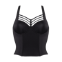 Marlies Dekkers leading strings plunge balcony corset   wired padded strictly black - 32F This snug fitting corset has a flexible and modern shape. The front covers the belly button and it has a cinched waist resulting in a beautiful hour glass shape. The wires of the bra only partially enclose the lower part of the breasts, resulting in a modest cleavage. 