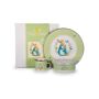 Golden Rabbit Kid's Polka Dot Peter Rabbit 3-Piece Dinnerware Set - Size: unisex Child's dinnerware set is made of steel/enamel. Includes 4 oz. mug, 1.4 oz. bowl, and 8.5  plate. Dishwasher, microwave, and oven safe. Comes in a gift box. Imported. 