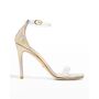 Stuart Weitzman Nudistcurve Iridescent Ankle-Strap Sandals - Size: 5.5B / 35.5EU - PLATINO/CLEAR Stuart Weitzman iridescent calf leather and clear PVC sandals 4.00 in / 100 mm stiletto heel Open toe Adjustable ankle strap Leather outsole Lining: Leather Made in Spain 