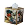 Mike & Ally Bouquet Gold Boutique Tissue Box Cover - Size: unisex Tissue box with digital art embedded under clear resin and trimmed in golden French twist chain. 5.75 L x 5.25 W x 6 T. Made of gold-plated metal/epoxy resin/paper. Wipe clean with damp cloth. Made in the USA. 