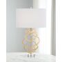 John-Richard Collection Floating Discs Table Lamp - Size: unisex This table lamp features amorphous acrylic discs edged in gold leaf with a crystal base. White manmade linen shade with white manmade silk inside. Shade: 18 W x 14 D x 11 T. Uses one 150-watt, type-A bulb. Overall: 30 T. 9  brass harp, turnkey. 3-way switch. Imported. Boxed weight, approximately 35 lbs. 