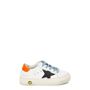 Golden Goose May white leather sneakers  - White & Other - Size: 7.5 BABY Golden Goose Kids white leather sneakers Black star appliqué, designer-stamped neon orange heel panel, designer plaque at tongue, textured rubber sole. distressed finish, round toe Lace-up front 