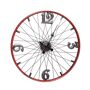 EVERGREEN ENTERPRISES INC Vintage Metal Bicycle Wheel Clock Time is your friend when you?re on the right path. Get where you?re going in fun vintage style with this unique home accent, a clock fashioned after a bicycle wheel. Crafted of metal with a cheerful red rim, the clock features minimal numbers presented in a typography with a classic feel. This stand-out decor will imbue your living space with the spirit of old school adventure. 