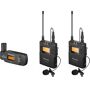 Saramonic UwMic9 Mic System, Receiver, 2x TX9 Transmitter, 2x SR-M1 Lavalier Mic The Saramonic UwMic9 TX9+TX9+RX-XLR9 is an ultra-portable, dual-channel, camera-mountable UHF wireless system that enables you to use clip-on lavalier mics on two separate people while only requiring you to attach a single ultra-compact receiver to your camera. The included RX-XLR9 receiver can mount directly to an XLR input of a professional video camera, mixer or an audio recorder and it can also easily be mounted to a DSLR, Mirrorless or Video Camera and plugged into a 1/8  (3.5mm) mic input with the included accessories. This system is easy to use, features durable metal construction and provides pristine, broadcast-quality sound for interviews, film dialog, field recording, TV and news gathering.The UwMic9 utilizes the UHF (Ultra High Frequency) spectrum, which helps you avoid interference and its 514-596 MHz range in 96 selectable channels is not impacted by the FCC's ban of the 600 MHz frequencies. An automatic-scan feature locates the best available channel for you and the infrared synchronization makes the process a snap. Easy-to-read backlit LCD displays let you make quick adjustments to the intuitive menus in the brightest or darkest environments. Plus, the RX-XLR9 receiver includes a headphone output, enabling real-time audio monitoring if your camera lacks a headphone jack. Unlike other plug-on wireless receivers that require expensive proprietary batteries, the RX-XLR9 runs on 2 standard AA's and can be powered with an external USB battery pack (sold separately). It can be rotated 320deg. to make room for other equipment when mounted to a camera. The UwMic9 TX9+TX9+RX-XLR9 is ideal for use with professional video cameras, DSLRs, mirrorless cameras, mixers and portable audio recorders. 