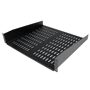 StarTech 2U 16  Universal Vented Fixed Server Rack Mount Cantilever Shelf The CABSHELFV 2U 16in Depth Universal Vented Rack Mount Shelf lets you add a compact, 2U shelf to virtually any standard 19-inch server rack or cabinet with front mount options. This TAA compliant product adheres to the requirements of the USA Federal Trade Agreements Act (TAA), allowing government GSA Schedule purchases. StarTech vented rack shelves improve air flow and help to lower temperatures in the rack. Constructed using SPCC commercial grade cold-rolled steel, this durable fixed rack shelf can hold up to 22kg (50lbs) of equipment - a perfect solution for storing small, non-rackmount equipment, tools, peripherals or accessories in your rack to keep them readily accessible. Backed by a StarTech Lifetime warranty. 2U Vented Rackmount Shelf  Fits all standard 19  server racks  TAA compliant for GSA Schedule purchases  Holds up to 22kg (50lbs)  SPCC 1.6mm Cold-rolled steel construction  Front mount design <b> Applications </b>  Supply additional storage space for mission critical hardware and non-rack mount equipment  For use with all 19  wide Server Racks and Cabinets <b> Advantage </b>  Vented server rack shelf improves air flow and helps lower temperatures in the cabinet  Universal 19  rack design makes it simple to add a storage shelf to almost any rack or cabinet  Durable steel construction holds up to even the harshest industrial environments 
