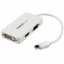StarTech 3-in-1 Mini DisplayPort to VGA DVI or HDMI Adapter Converter, White The MDP2VGDVHDW Mini DisplayPort to VGA, DVI or HDMI converter offers a three-in-one solution for connecting an mDP source such as a Thunderbolt-enabled MacBook Pro / MacBook Air to a VGA, DVI or HDMI Display. Ensuring compatibility with almost any display, television or projector, this compact and lightweight adapter offers the ideal plug-and-play solution for travel or BYOD (Bring Your Own Device) applications around the office. Three-in-one adapter - mDP to: VGA, DVI, HDMI Support for video resolution up to 1920x1200/1080p Plug-and-play installation Compatible with Intel Thunderbolt devices that are capable of outputting a DisplayPort signal Small footprint Portable, lightweight construction Sleek White DesignYou can walk into any boardroom and be ready to connect, even if you don't know what connection ports are available. The MDP2VGDVHDW maximizes the audio/video connectivity of your MacBook by offering three different output ports, in a single compact adapter. The three-in-one converter is compatible with Intel Thunderbolt, when connected directly to a supporting DisplayPort over Thunderbolt I/O port. Plus, because the converter cable supports video resolutions up to 1920x1200/1080p you can convert a Mini DisplayPort video source to VGA, HDMI or DVI without sacrificing video quality.The Mini DisplayPort converter requires no power adapter and maximizes portability by easily travelling in your laptop bag with a small footprint and lightweight design. The MDP2VGDVHDW features a sleek white design that looks great next to your MacBook Pro or MacBook Air and is backed by a 2-year StarTech warranty and free lifetime technical support.<b> Applications </b> Keep the adapter with you while traveling, to connect to virtually any display you come across Connect your BYOD laptop/Ultrabook to a provided HDMI, DVI or VGA display at work Connect a DVI, VGA or HDMI display to your Mini DisplayPort laptop, to use as a secondary monitor<b> Advantage </b> Maximize portability when traveling or around the office, with a small foot print and lightweight design Ensure compatibility with virtually any display with three-in-one adapter converting Mini DisplayPort to VGA, HDMI or DVI<b> Note: </b>Only one video output is supported on the video adapter at a time. If multiple connections are made, only one of the outputs will function. 