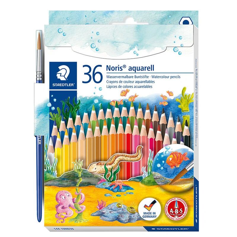 Staedtler 144 10ND36 Noris Club® aquarell Farbstift Kartonetui mit 36 Farben und Pinsel