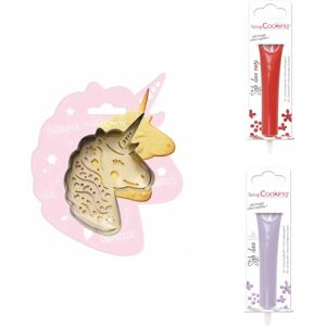 Kit pour biscuit en relief Licorne + 2 Stylos au chocolat rouge et lilas Scrapcooking