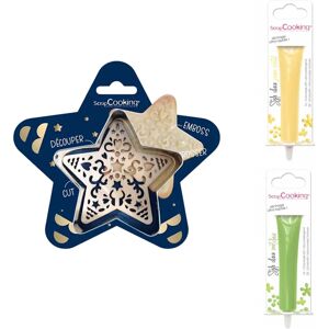 Kit pour biscuit en relief Étoile + 2 Stylos au chocolat jaune pastel et vert clair Scrapcooking