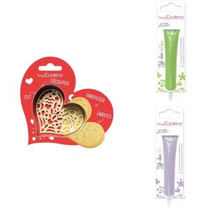 Kit pour biscuit en relief Coeur + 2 Stylos au chocolat vert clair et lilas Scrapcooking