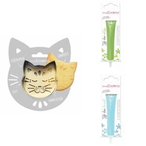 Kit pour biscuit en relief Chat + 2 Stylos au chocolat vert clair et bleu pastel Scrapcooking