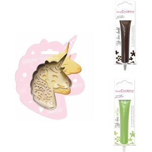 Kit pour biscuit en relief Licorne + 2 Stylos au chocolat marron et vert clair Scrapcooking