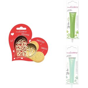 Kit pour biscuit en relief Coeur + 2 Stylos au chocolat vert clair et vert d'eau Scrapcooking