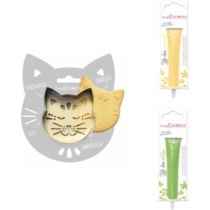 Kit pour biscuit en relief Chat + 2 Stylos au chocolat jaune pastel et vert clair Scrapcooking