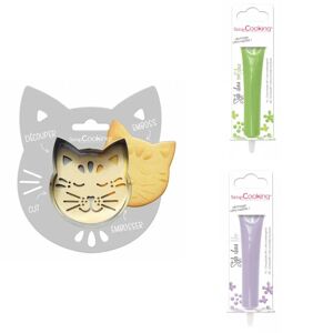 Kit pour biscuit en relief Chat + 2 Stylos au chocolat vert clair et lilas Scrapcooking