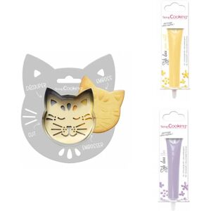 Kit pour biscuit en relief Chat + 2 Stylos au chocolat jaune pastel et lilas Scrapcooking