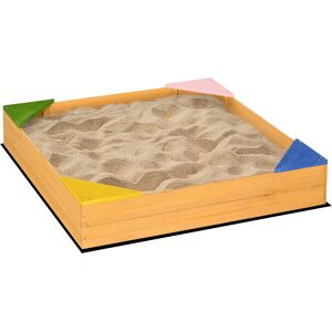 Outsunny Bac à sable carré en bois pour enfants 4 assises en coin et film protection 109 x 109 x 19,8 cm bois naturel   Aosom France