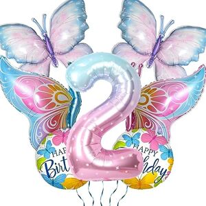 PTECDROTS 7Pcs Papillon Décorations Ballons, Ballons Papillon Rose Dégradé, Ballon Géant Numéro 2, Ballons d'Anniversaire Ronds pour Kids'Butterfly 2e Anniversaire Décorations - Publicité