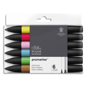 Marqueurs double pointe Promaker Winsor&Newton - à base d'alcool - tons moyens assortis - lot de 6