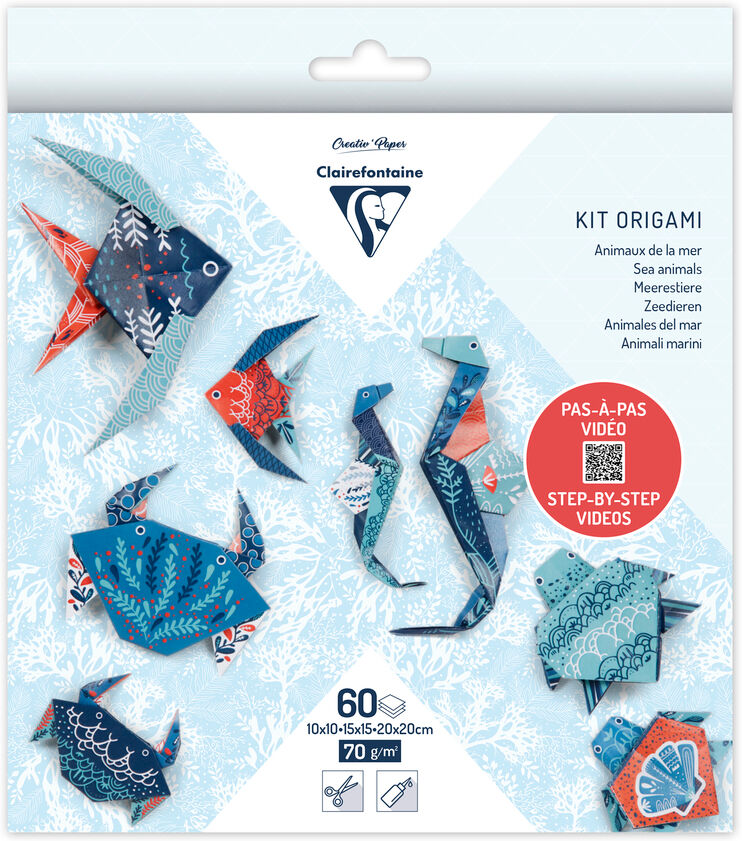 Clairefontaine KIT ORIGAMI, Pochette de 60 feuilles 70g/m2 3 formats - Décor Faune marine - Multicolore - Lot de 5